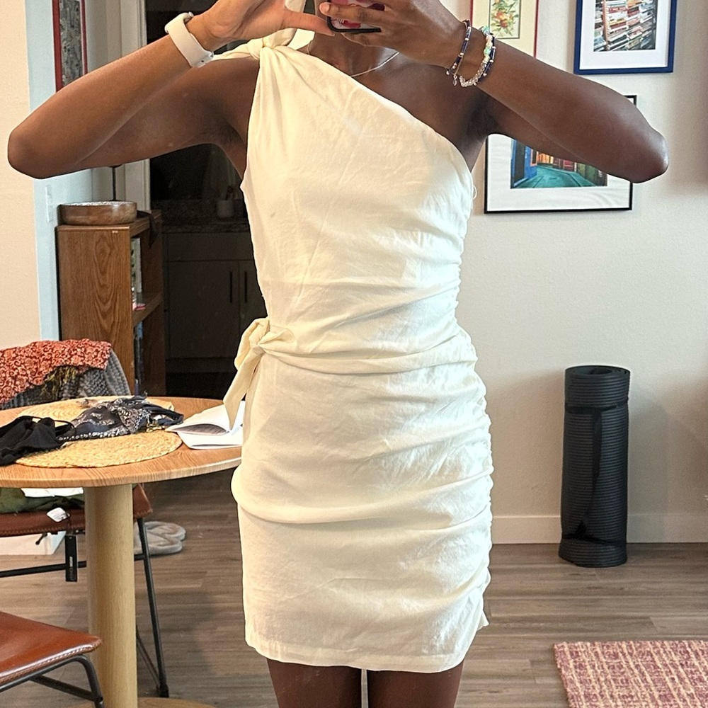 Zara Ivory One-Shoulder Tie-Waist Mini Dress